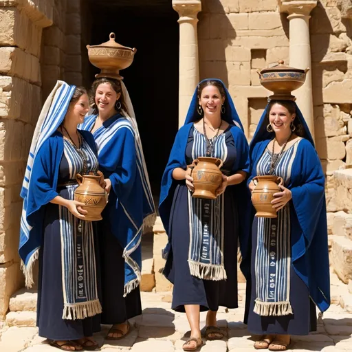 Prompt: 2 olive skin jewish women transporting water jug on their head, biblical pottery jug with jewish art caried on their head in casual elaborate embroided modest shirt with dark blue jewish symbols white fringes, fringes, harp, torah ark covering, the 2 olive skin women have blue bandanas, brown or blue skirt has jewish stripes prayer shawl and fringes, ceramic water jug balanced on head, gold, menorah, jewelry, nose piercings, standing on a biblical ruin, dancing, leather sandals, fringes tzitzit, brown, jewish, gold, elaborate,, holding harp, brown blue stripes, cloth bandana, walking with water jug carried on head