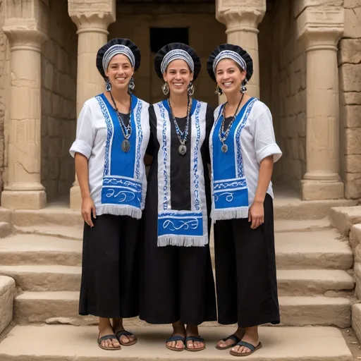 Prompt: 3 olive skin jewish women in fancy modest black elaborate embroided modest shirt with blue jewish symbols white fringes, fringes, torah ark covering, the 3 olive skin women have black bandanas, skirt has black jewish stripes prayer shawl and fringes, silver jewelry, nose piercings, standing on a biblical ruin,, leather sandals, fringes tzitzit, brown, silver, elaborate, black, headwrap 