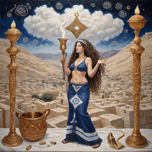 Prompt: elaborate surealism rose gold klimt painting, embroided dark blue fringed spiritual jewelry fringes white with jewish symbols on two brown skinned mizrahi jewish women flying laying holding hands trumpet, magic fringes jewish symbols scrolls, knives and spears floating in the lightning sunrise sky, leather sandals, swords and bow and arrow with eyes, shofar ivory horn, biblical rock cut tombs, eyes torah ark covering, fringed striped skirt, , alchemist, floating ibex horns shofar, painting, sky is red elaborate, ivory horn, davids slung, lapiz lazuli animal horn, pillars, amethyst, eyes, jewish, two women floating in space blowing a horn, crystals growing, detailed, standing on in jerusalem hill, incense embroided, black jewish clothing stripes and fringes and on 2 women, blue and white linen with fringes, prayer shawl, in Jerusalem and dead sea, jupiter, detailed holy valves, forgivness, hebrew crystals, torah scroll, fountain jewish symbols, curly hair olive skin, ancient civilization, jewelry, shofar ram horn, levitating, menorah, 2 women supporting each-other feminism, glitter on table, shining art, jewish art, fringes, flowers, shofar, cultic, rituals, dead sea view, visual illusions, bugle horn, spring pool, meteor, menorah, torah scroll, illusion, jewish stars, smoke, hypnotic, gemstones, saying goodbye, women dancing, rosh hashana, sculpture, biblical, clouds, crystals, warrior blowing horn,, praying jews, ancient mound, blowing the horn, mystery, next to the dead sea, landscape view, in the style of a surrealist painting, in the style of klimt painting
