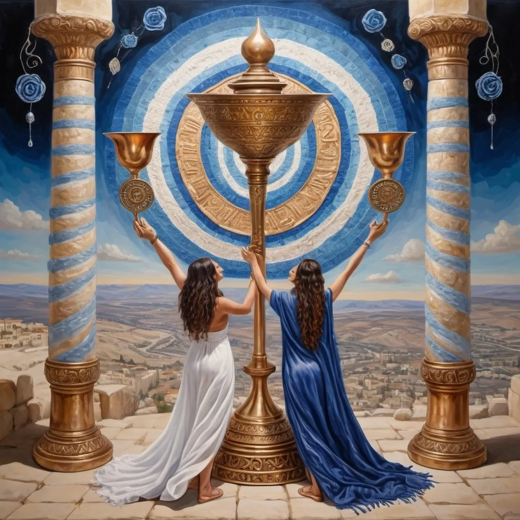 Prompt: elaborate surealism rose gold klimt painting, embroided dark blue fringed spiritual jewelry fringes white with jewish symbols on two brown skinned mizrahi jewish women flying laying holding hands trumpet, magic fringes jewish symbols scrolls, knives and spears floating in the lightning sunrise sky, leather sandals, swords and bow and arrow with eyes, shofar horn, biblical rock cut tombs, eyes torah ark covering, fringed striped skirt, , alchemist, floating ibex horns shofar, painting, sky is burgundy elaborate, davids slung, lapiz lazuli animal horn, pillars, amethyst, eyes, jewish, two women floating in space blowing a horn, crystals growing, detailed, standing on in jerusalem hill, incense embroided, black jewish clothing stripes and fringes and on 2 women, blue and white linen with fringes, prayer shawl, in Jerusalem and dead sea, jupiter, detailed holy valves, forgivness, hebrew crystals, torah scroll, fountain jewish symbols, curly hair olive skin, ancient civilization, jewelry, shofar ram horn, levitating, menorah, 2 women supporting each-other feminism, glitter on table, shining art, jewish art, fringes, flowers, shofar, cultic, rituals, dead sea view, visual illusions, bugle horn, spring pool, meteor, menorah, torah scroll, illusion, jewish stars, smoke, hypnotic, gemstones, saying goodbye, women dancing, rosh hashana, sculpture, biblical, clouds, crystals, warrior blowing horn,, praying jews, ancient mound, blowing the horn, mystery, next to the dead sea, landscape view, in the style of a surrealist painting, in the style of klimt painting
