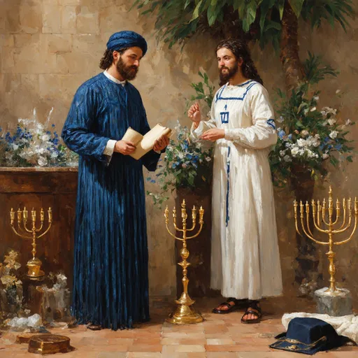 Prompt: elaborate embroided dark blue modest fringed dusty white dress with jewish symbols, torah ark covering, olive skin unhappy jewish couple with headwrap, kippa, and dark curly hair, jewish sidelocks, clothes with blue jewish stripes and fringes and black leather bands, brown leather sandals, man and woman is in jerusalem detailed holy valves, several menorahs on floor, jewel crystals, gold fountain jewish symbols several small menorahs standing next to two jews, ancient civilization, 5 menorahs on the floor jewish art, fringes, several 7 armed candle menorah standing beside couple, palms trees, flowers, cultic, rituals, holding a papyrus scroll, mikve, fountain, spring pool, gemstones, biblical immersion pool, baptism in pool, more menorah on the floor, in the style of a 19th century european realist painting
