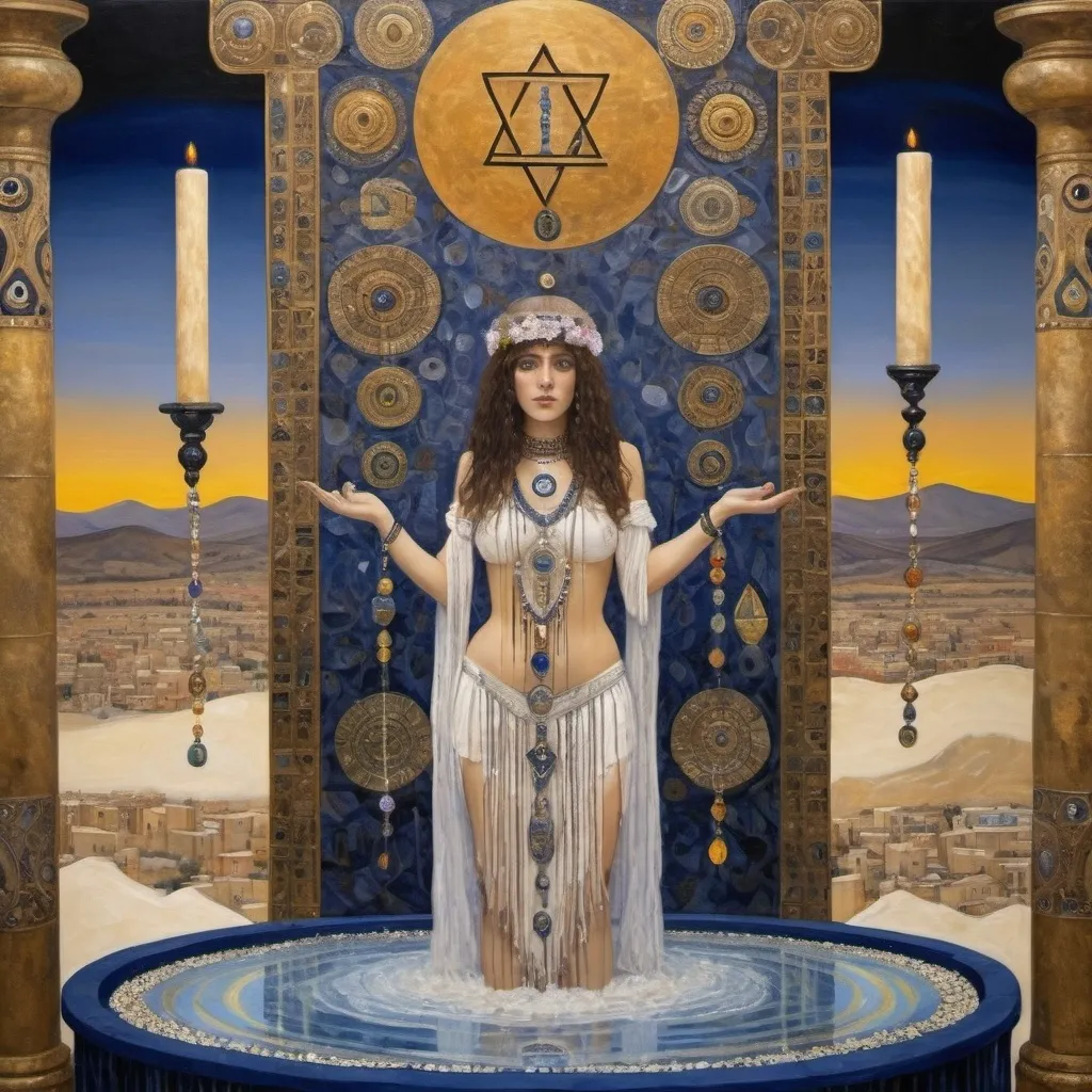 Prompt: elaborate abstract gustav klimt jugend painting, embroided dark blue fringed spiritual jewelry fringes white with jewish symbols on brown skinned mizrahi jewish woman flying, magic fringes bandana, leather sandals, golden foot link, eyes torah ark covering, fringed striped skirt, smoke and steam coming from pottery ,alchemist, , elaborate, eyes, jewish, crystals growing, detailed, standing on desert spring, incense embroided, black jewish stripes and fringes and on women fringes, big columns, in Jerusalem and dead sea, detailed holy valves,, hebrew crystals, fountain jewish symbols, ancient civilization, jewelry, menorah, jewish art, fringes, flowers, cultic, rituals, dead sea view, mikve, fountain, visual illusions, spring pool, sunset, menorah, illusion, jewish stars, smoke, hypnotic, gemstones, sculpture, biblical immersion pool, crystals, female warrior, praying jews, pomegranate tree, mystery, next to the dead sea, landscape view,, in the style of a gustav klimt painting, in the style of gustav klimt vienna secession painting
