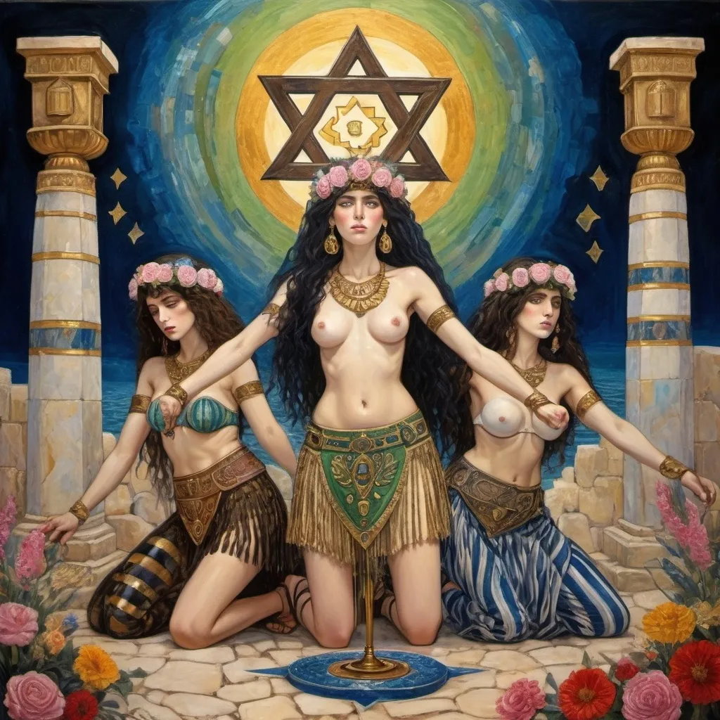 Prompt: elaborate lush gustav klimt jugend painting, embroided dark blue fringed spiritual modest jewelry fringes white with jewish symbols on brown skinned mizrahi modest jewish woman knight fighting war in striped blue and black fringed modest jewish armor shirt, magic swords in their hands, warrior women in bandana, leather sandals, menorah star of david swords, golden jewish swords, menorah, eyes torah ark covering, fringed striped modest skirt, smoke and steam coming from pottery ,3 women fighting war, jewish shield, jewish weapon, pulling sword from the earth, , black hair, elaborate israeli , floating ocean golden evil eyes, jewish, crystals growing, tropical plants and flowers, detailed, menorah, standing on in israeli hill, pink and green jewish sky, ancient soldiers, swimming, incense embroided, black jewish stripes clothing and fringes and on women fringes, big columns, in Jerusalem and dead sea, detailed holy valves,, hebrew 3 women fighting war and 1 on the ground kissing the earth fountain jewish symbols, ancient civilization, jewelry, menorah, jewish art, fringes, flowers, cultic, rituals, dead sea view, mikve, fountain, visual illusions, many menorahs, knives laying down, spring pool, colorfull sunrise, menorah, illusion, knives on the ground, jewish stars, smoke, hypnotic, beauty, in the dead sea gemstones, sculpture, biblical immersion pool, 3 women fighting war elaborate and 1 on the ground kissing the earth, female warrior, praying jews, many menorahs, war battle, swords in ground, mystery, next to the dead sea, landscape view,, in the style of a gustav klimt surealism painting, in the style of gustav klimt colorfull surealist painting
