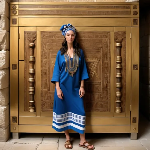 Prompt: elaborate embroided dark modest clothing with jewish symbols, torah ark covering, olive skin women with headwrap and dark hair, clothes with blue jewish stripes and fringes, leather sandals, women is in jerusalem western wall holy valves dark wood gold,  ancient civilization, art, fringes
