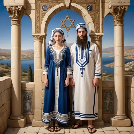 Prompt: elaborate embroided dark blue modest fringed dusty white dress with jewish symbols, torah ark covering, olive skin unhappy jewish couple with headwrap, kippa, and dark curly hair, jewish sidelocks, clothes with blue jewish stripes and fringes and black leather bands, brown leather sandals, man and woman is in Tiberias, detailed art jewish symbols menorah arch gate, ancient civilization, jewish art, fringes, cultic, rituals, overlooking the lake, gemstones, biblical cermony, pool on a hilltop, in the style of a 19th century european realist painting
