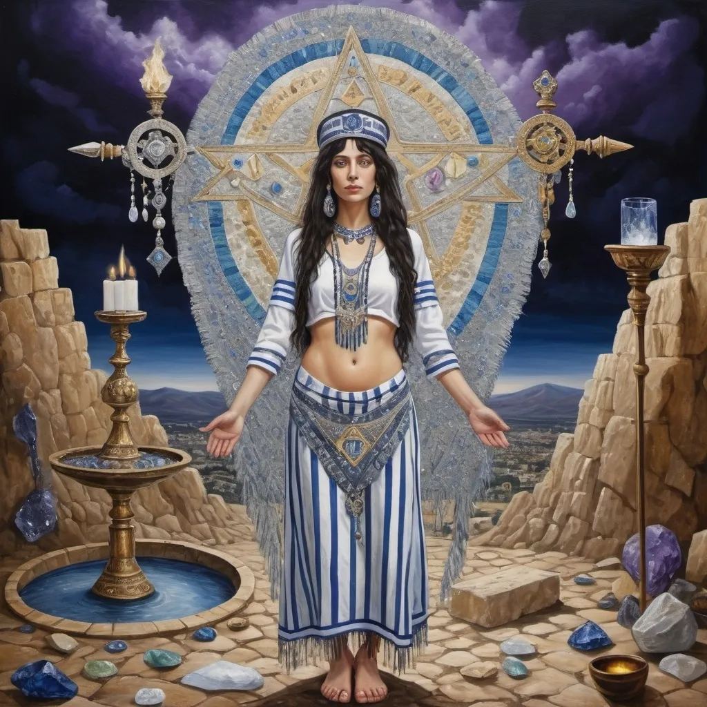 Prompt: elaborate surealism silver klimt painting, embroided dark blue fringed spiritual jewelry fringes white with jewish symbols on two brown skinned mizrahi jewish women flying laying holding hands, magic fringes cloth bandana, knives and spears floating in the purple sky, rainy day, leather sandals, swords and bow and arrow with eyes, golden foot link, geologic wild growing crystals, eyes torah ark covering, fringed striped skirt, smoke and steam coming from pottery ,alchemist, , floating crown, elaborate, saber sword, lapiz lazuli cliff mine, amethyst, eyes, jewish, two women floating in space, crystals growing, detailed, standing on in jerusalem hill, incense embroided, black jewish clothing stripes and fringes and on 2 women, blue and white linen with fringes, prayer shawl, in Jerusalem and dead sea, detailed holy valves, hebrew crystals, fountain jewish symbols, black hair olive skin, ancient civilization, jewelry, levitating, menorah, 2 women supporting eachother femenism, glitter, shining art, jewish art, fringes, flowers, cultic, rituals, dead sea view, visual illusions, spring pool, rain, menorah, illusion, jewish stars, smoke, hypnotic, gemstones, sculpture, biblical, clouds, crystals, warrior, praying jews, ancient mound, mystery, next to the dead sea, landscape view,, in the style of a surealist painting, in the style of klimt painting
