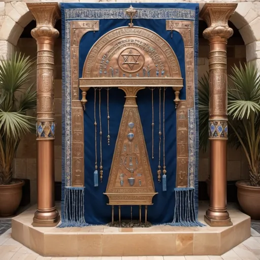 Prompt: elaborate embroided dark blue modest fringed dusty fringes white dress with jewish symbols on warrior women, torah ark covering, olive skin, elaborate, detailed, fruits and hebrew calligraphy embroided,  blue jewish stripes and fringes and black leather bands, big columns, brown leather ,  in Jerusalem and dead sea, detailed holy valves, copper menorah, jewel crystals, copper fountain jewish symbols, ancient civilization, 5 menorahs on the floor jewish art, fringes,palms trees, flowers, cultic, rituals, a papyrus scroll, dead sea view, mikve, fountain, spring pool, gemstones, biblical immersion pool, female warrior, sofas, praying jews, bushes, date palm, blue flowers, next to the dead sea, landscape view, in the style of a 19th century european realist painting
