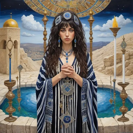 Prompt: elaborate surealism silver klimt painting, embroided dark blue fringed spiritual jewelry fringes white with jewish symbols on two brown skinned mizrahi jewish women flying laying holding hands, magic fringes jewish cotton bandana, knives and spears floating in the lime green sky, rainy day, leather sandals, swords and bow and arrow with eyes, golden foot link, geologic wild growing crystals, eyes torah ark covering, fringed striped skirt, smoke and steam coming from pottery ,alchemist, , floating crown, elaborate, saber sword, lapiz lazuli cliff mine, amethyst, eyes, jewish, two women floating in space, crystals growing, detailed, standing on in jerusalem hill, incense embroided, black jewish clothing stripes and fringes and on 2 women, blue and white linen with fringes, prayer shawl, in Jerusalem and dead sea, detailed holy valves, hebrew crystals, fountain jewish symbols, black hair olive skin, ancient civilization, jewelry, levitating, menorah, 2 women supporting eachother femenism, glitter, shining art, jewish art, fringes, flowers, cultic, rituals, dead sea view, visual illusions, spring pool, rain, menorah, illusion, jewish stars, smoke, hypnotic, gemstones, sculpture, biblical, clouds, crystals, warrior, praying jews, ancient mound, mystery, next to the dead sea, landscape view,, in the style of a surealist painting, in the style of klimt painting
