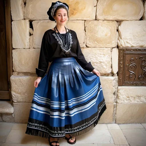 Prompt: elaborate jewish embroided blue black modest skirt with jewish symbols fringes, torah ark covering, olive skin princess with headwrap shawl, no hair, black shirt has jewish pattern and fringes, leather sandals, old women is in jerusalem western wall, stripes, fringes, haredi, hassidic, 3 large candles with eyes on them on the floor
