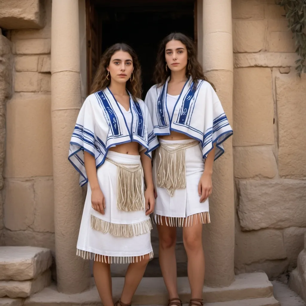 Prompt: 3 olive skin jewish women in trendy casual elaborate embroided brown modest shirt with dark blue jewish symbols white fringes, fringes, torah ark covering, the 3 olive skin women have blue bandanas, skirt has jewish stripes prayer shawl and fringes, gold jewelry, nose piercing, standing on a biblcial ruin, leather sandals, white fringes tzitzit 
