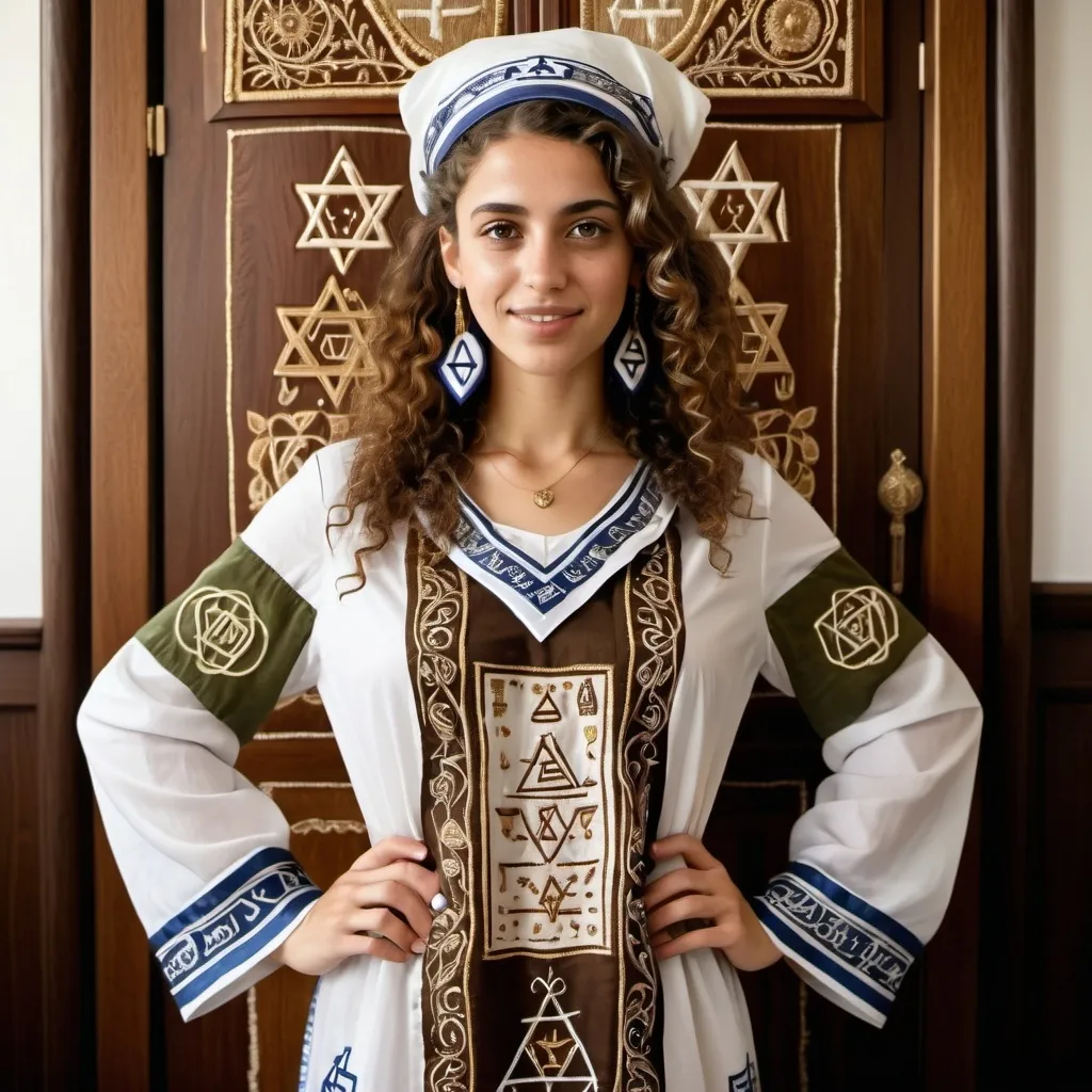 Prompt: elaborate embroided dress with jewish symbols, torah ark covering, olive skin women with bandana and curly hair. dress has jewish stripes 