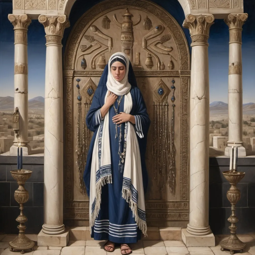 Prompt: in the style of detailed 19th century romantic painting, elaborate embroided dark blue modest fringed dusty white dress with jewish symbols, torah ark covering, fountains of tears, 2 sad olive skin jewish women crying, with headwrap,  clothes with blue jewish stripes and fringes and black leather bands, brown leather sandals, 2 jewish woman mourning in Tiberias, detailed art jewish symbols menorah arch gate, ancient civilization, jewish art, fringes, cultic, rituals,  gemstones, mirrors, crystals, jewish banners, biblical cermony, pool on a hilltop, in the style of a 19th century detailed european romantic painting
 
