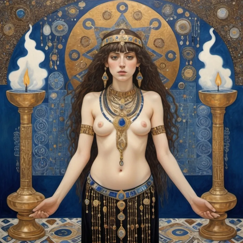 Prompt: elaborate abstract gustav klimt jugend painting, embroided dark blue modest fringed spiritual jewelry fringes white with jewish symbols on brown skinned jewish woman flying, magic fringes bandana, leather sandals, golden foot link, eyes torah ark covering, fringed skirt, smoke and steam coming from pottery ,alchemist, , elaborate, eyes, jewish, crystals growing, detailed, incense embroided, black jewish stripes and fringes and on women fringes, big columns, brown leather , in Jerusalem and dead sea, detailed holy valves,, hebrew crystals, fountain jewish symbols, ancient civilization, jewelry, shield and sword, jewish art, fringes, flowers, cultic, rituals, dead sea view, mikve, fountain, visual illusions, spring pool, sunny day, menorah, illusion, many warriors, smoke, hypnotic, gemstones, sculpture, biblical immersion pool, crystals, female warrior, praying jews, pomegranate tree, mystery, next to the dead sea, landscape view,, in the style of a gustav klimt painting, in the style of gustav klimt vienna secession painting
