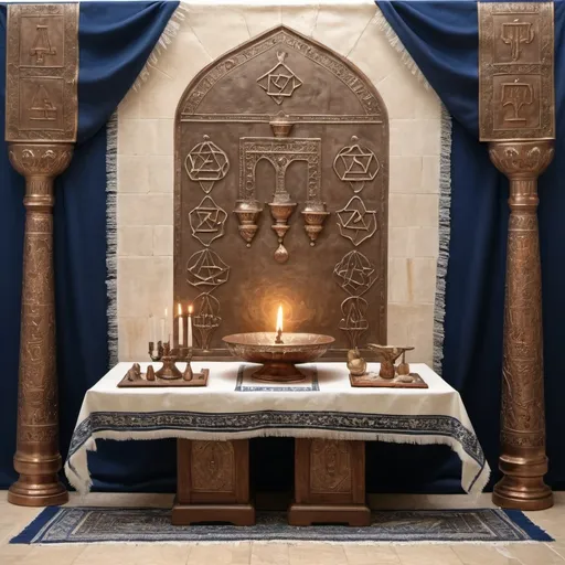 Prompt: elaborate embroided dark blue modest fringed dusty fringes white dress with jewish symbols on jewish women, torah ark covering ,on table, olive skin, elaborate, detailed, flowers on table  embroided,  black jewish stripes and fringes and on women bandana fringes, big columns, brown leather ,  in Jerusalem and dead sea, detailed holy valves, mural, copper menorah, hebrew jewel crystals, copper fountain jewish symbols, ancient civilization, 5 menorahs on the floor jewish art, fringes, flowers, cultic, rituals, a papyrus scroll, dead sea view, mikve, fountain, spring pool, sunny day, gemstones, biblical immersion pool, female warrior, sofas, praying jews, pomegranate tree, ,next to the dead sea, landscape view,, in the style of a 19th century european realist painting
