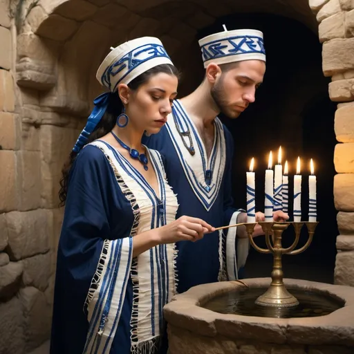 Prompt: elaborate embroided dark blue modest fringed dusty white dress with jewish symbols, torah ark covering, olive skin unhappy jewish couple with headwrap, kippa,  and dark curly hair, jewish sidelocks, clothes with blue jewish stripes and fringes and black leather bands, brown leather sandals, couple is in jerusalem detailed holy valves dark wood gold fountain jewish symbols menorah,  ancient civilization, jewish art, fringes, holding 7 armed candle menorah in hands, cultic, rituals, holding a papyrus scroll, mikve, fountain, spring pool, biblical immersion pool, in the style of a 19th century european realist painting
