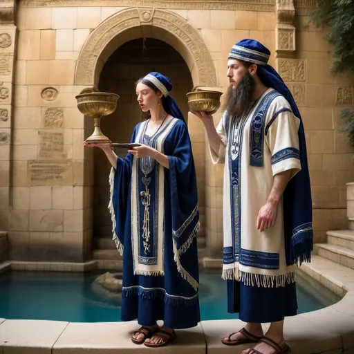 Prompt: elaborate embroided dark blue modest fringed dusty white dress with jewish symbols, torah ark covering, olive skin unhappy jewish couple with headwrap, kippa,  and dark curly hair, jewish sidelocks, clothes with blue jewish stripes and fringes and black leather bands, brown leather sandals, couple is in jerusalem detailed holy valves dark wood gold fountain jewish symbols menorah,  ancient civilization, jewish art, fringes, holding menorah in hands, cultic, rituals, holding a papyrus scroll, mikve, fountain, spring pool, biblical immersion pool 
