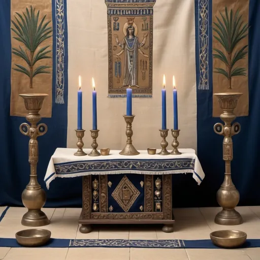 Prompt: elaborate embroided dark blue modest fringed dusty white dress with jewish symbols, torah ark covering, olive skin unhappy jewish women with headwrap,, and dark curly hair,  clothes with blue jewish stripes and fringes and black leather bands, brown leather sandals,  in jerusalem detailed holy valves, copper menorah, jewel crystals, copper fountain jewish symbols, 4 small candlestick menorahs, ancient civilization, 5 menorahs on the floor jewish art, fringes,palms trees, flowers, cultic, rituals, holding a papyrus scroll, mikve, fountain, spring pool, gemstones, biblical immersion pool, sofas, praying jews, bushes, date palm, blue flowers, in the style of a 19th century european realist painting
