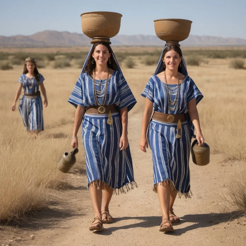 Prompt: 2 olive skin jewish women transporting water jug on their head, biblical pottery water jug with jewish art carried on their head in casual elaborate embroided modest shirt with dark blue jewish symbols white fringes, fringes, harp, torah ark covering, the 2 olive skin women have blue bandanas, brown or blue skirt has jewish stripes prayer shawl and fringes, ceramic water jug balanced on head, gold, menorah, jewelry, nose piercings, walking in dry field, leather sandals, fringes tzitzit, brown, jewish, gold, elaborate,, holding harp, brown blue stripes, cloth bandana, walking with water jug carried on head