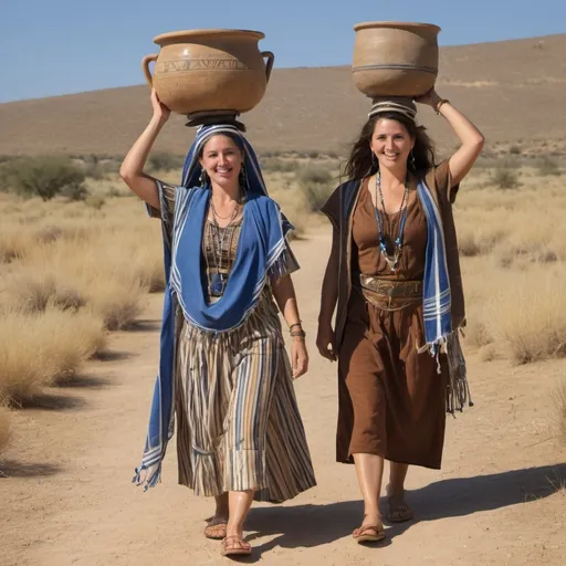 Prompt: 2 olive skin jewish women transporting water jug on their head, biblical pottery water jug with jewish art carried on their head in casual elaborate embroided modest shirt with dark blue jewish symbols white fringes, fringes, harp, torah ark covering, the 2 olive skin women have blue bandanas, brown or blue skirt has jewish stripes prayer shawl and fringes, ceramic water jug balanced on head, gold, menorah, jewelry, nose piercings, walking in dry field, leather sandals, fringes tzitzit, brown, jewish, gold, elaborate,, holding harp, brown blue stripes, cloth bandana, walking with water jug carried on head