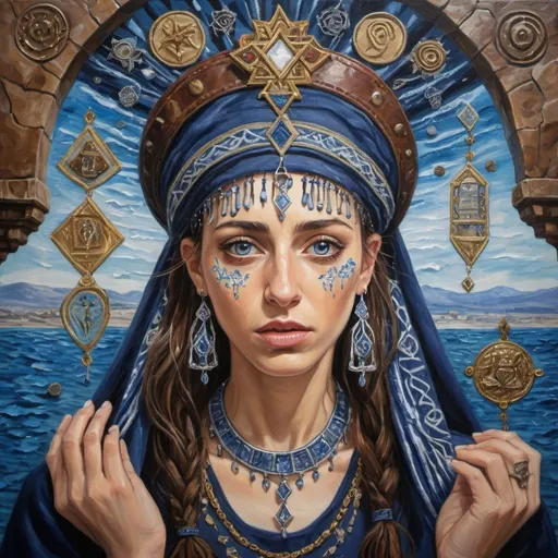 Prompt: elaborate painting embroided dark blue modest fringed spiritual jewelry fringes white with jewish symbols on jewish woman screaming magic fringes bandana, eyes torah ark covering, smoke and steam coming from pottery ,meditation, , elaborate, eyes, jewish, crystals growing, detailed, incense embroided, black jewish stripes and fringes and on women fringes, big columns, brown leather , in Jerusalem and dead sea, detailed holy valves,, hebrew crystals, fountain jewish symbols, ancient civilization, jewelry, shield and sword, jewish art, fringes, flowers, cultic, rituals, dead sea view, mikve, fountain, visual illusions, spring pool, sunny day, menorah, illusion, smoke, hypnotic, gemstones, sculpture, biblical immersion pool, crystals, female warrior, praying jews, pomegranate tree, mystery, next to the dead sea, landscape view,, in the style of a impressionist monet painting, in the style of a van gogh
