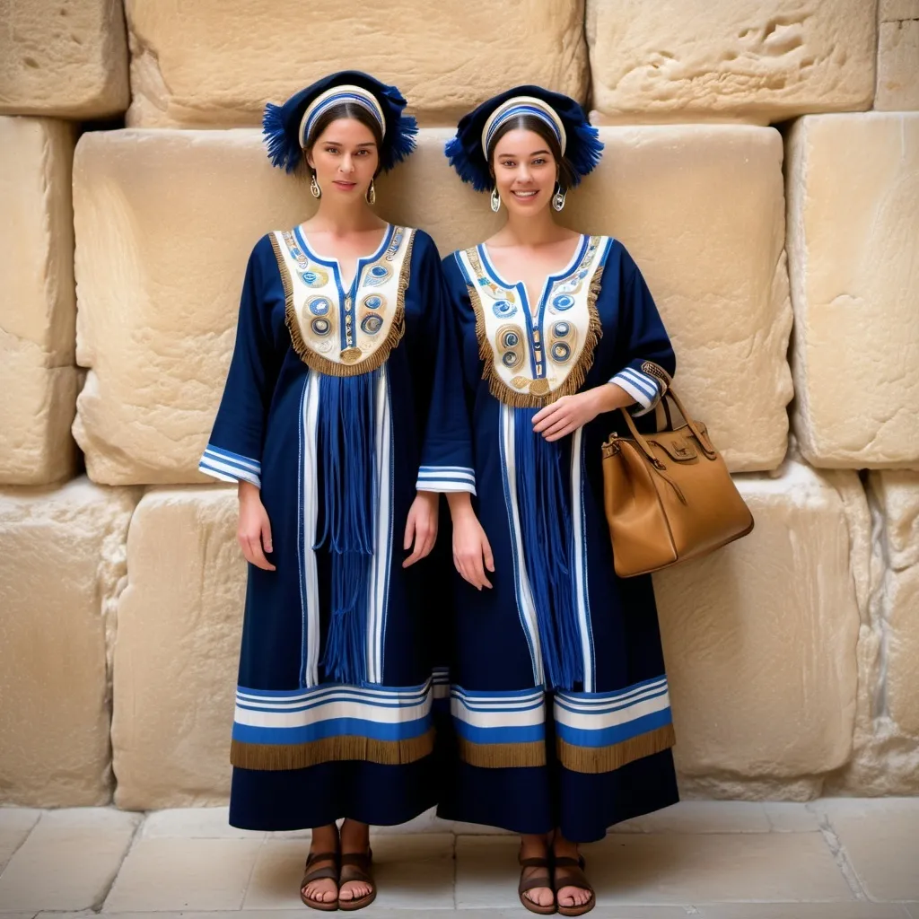 Prompt: elaborate embroided dark modest fringed two set rich clothing with jewish symbols, torah ark covering, olive skin women with headwrap and dark hair, clothes with blue jewish stripes and fringes, leather sandals, women is in jerusalem western wall holy valves dark wood gold,  ancient civilization, art, fringes, holding designer bags
