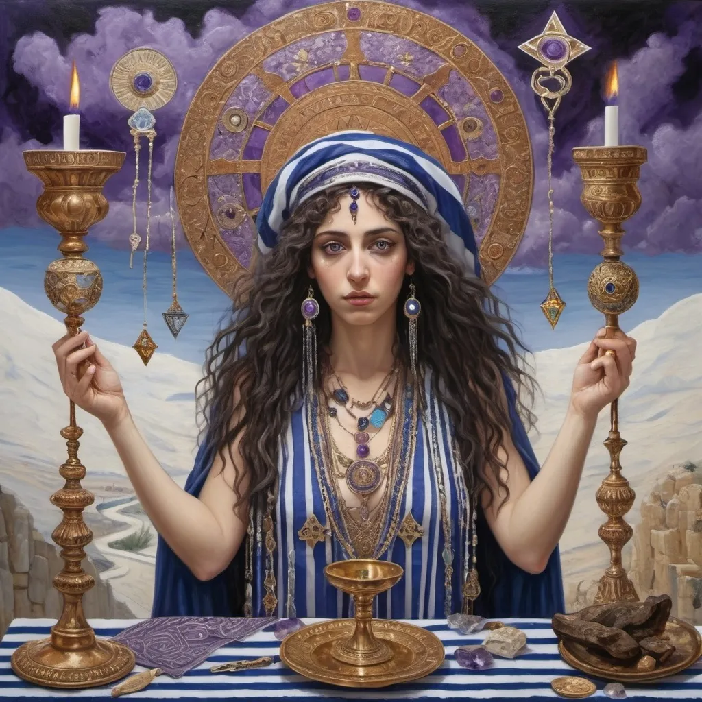 Prompt: elaborate surealism copper klimt painting, embroided dark blue fringed spiritual jewelry fringes white with jewish symbols on two brown skinned mizrahi jewish women flying laying holding hands, magic fringes jewish cotton bandana, knives and spears floating in the purple sky, rainy day, leather sandals, swords and bow and arrow with eyes, golden foot link, geologic wild growing crystals, eyes torah ark covering, fringed striped skirt, smoke and steam coming from sculpture,alchemist, floating crown, painting, sky is purple, elaborate, davids slung, lapiz lazuli table, amethyst, eyes, jewish, two women floating in space, crystals growing, detailed, standing on in jerusalem hill, incense embroided, black jewish clothing stripes and fringes and on 2 women, blue and white linen with fringes, prayer shawl, in Jerusalem and dead sea, detailed holy valves, hebrew crystals, torah scroll, fountain jewish symbols, black hair olive skin, ancient civilization, jewelry, shabbat dinner table, levitating, menorah, 2 women supporting each-other feminism, glitter, shining art, jewish art, fringes, flowers, cultic, rituals, dead sea view, visual illusions, spring pool, rain, menorah, torah scroll, illusion, jewish stars, smoke, hypnotic, gemstones, sculpture, biblical, clouds, crystals, warrior, praying jews, ancient mound, mystery, next to the dead sea, landscape view,, in the style of a surrealist painting, in the style of klimt painting
