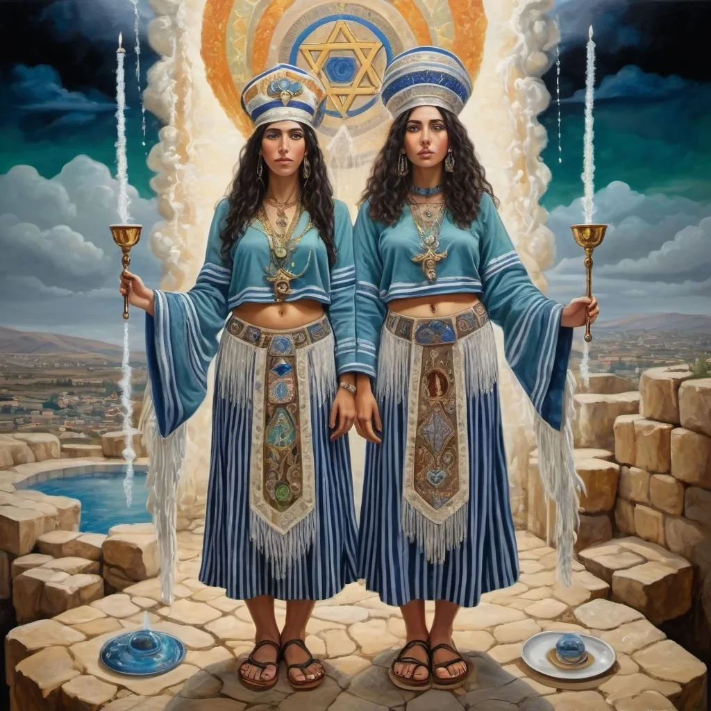 Prompt: elaborate surealism painting, embroided dark blue fringed spiritual jewelry fringes white with jewish symbols on two brown skinned mizrahi jewish women flying holding hands, magic fringes bandana, colorfull flowers and leaves floating in the green sky, rainy day, leather sandals, swords and bow and arrow with eyes, golden foot link, eyes torah ark covering, fringed striped skirt, smoke and steam coming from pottery ,alchemist, , gloating crown, elaborate, eyes, jewish, two women floating in space, crystals growing, detailed, standing on in jerusalem hill, incense embroided, black jewish clothing stripes and fringes and on 2 women, fringes, prayer shawl, in Jerusalem and dead sea, detailed holy valves, hebrew crystals, fountain jewish symbols, black hair olive skin, ancient civilization, jewelry, levitating, menorah, 2 women supporting eachother femenism, jewish art, fringes, flowers, cultic, rituals, dead sea view, visual illusions, spring pool, rain, menorah, illusion, jewish stars, smoke, hypnotic, gemstones, sculpture, biblical, clouds, crystals, warrior, praying jews, ancient mound, mystery, next to the dead sea, landscape view,, in the style of a surealist painting, in the style of klimt painting
