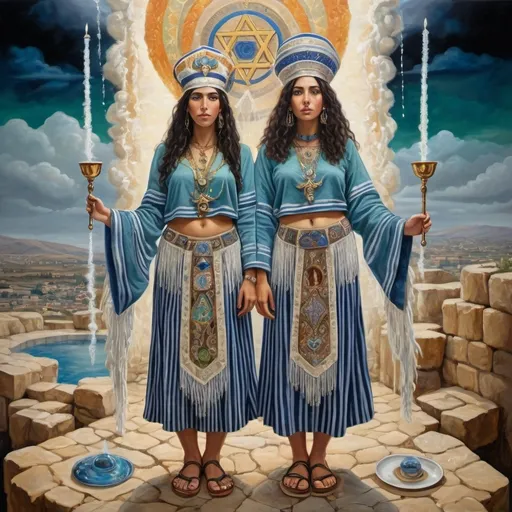 Prompt: elaborate surealism painting, embroided dark blue fringed spiritual jewelry fringes white with jewish symbols on two brown skinned mizrahi jewish women flying holding hands, magic fringes bandana, colorfull flowers and leaves floating in the green sky, rainy day, leather sandals, swords and bow and arrow with eyes, golden foot link, eyes torah ark covering, fringed striped skirt, smoke and steam coming from pottery ,alchemist, , gloating crown, elaborate, eyes, jewish, two women floating in space, crystals growing, detailed, standing on in jerusalem hill, incense embroided, black jewish clothing stripes and fringes and on 2 women, fringes, prayer shawl, in Jerusalem and dead sea, detailed holy valves, hebrew crystals, fountain jewish symbols, black hair olive skin, ancient civilization, jewelry, levitating, menorah, 2 women supporting eachother femenism, jewish art, fringes, flowers, cultic, rituals, dead sea view, visual illusions, spring pool, rain, menorah, illusion, jewish stars, smoke, hypnotic, gemstones, sculpture, biblical, clouds, crystals, warrior, praying jews, ancient mound, mystery, next to the dead sea, landscape view,, in the style of a surealist painting, in the style of klimt painting
