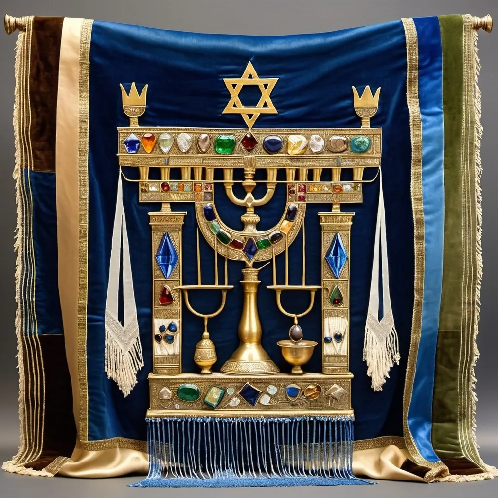 Prompt: elaborate embroided dark blue modest fringed dusty white dress with jewish symbols, torah ark covering, olive skin unhappy jewish couple with headwrap, kippa,  and dark curly hair, jewish sidelocks, clothes with blue jewish stripes and fringes and black leather bands, brown leather sandals, man and woman is in jerusalem detailed holy valves, 5 menorahs on floor, jewel crystals, gold fountain jewish symbols several menorah,  ancient civilization, 5 menorah on the floor jewish art, fringes, holding 7 armed candle menorah in hands, cultic, rituals, holding a papyrus scroll, mikve, fountain, spring pool, gemstones, biblical immersion pool, baptism in pool, more menorah on the floor, in the style of a 19th century european realist painting 
