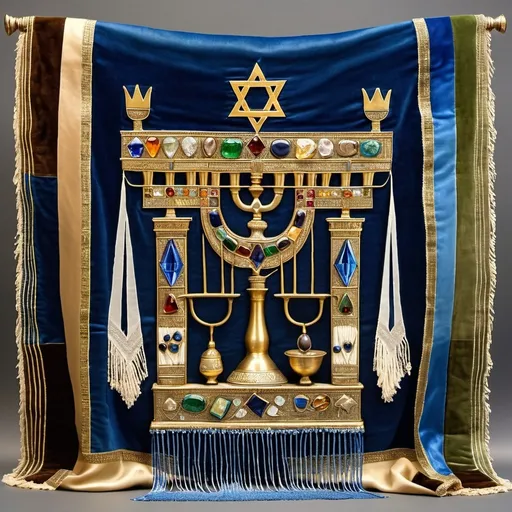 Prompt: elaborate embroided dark blue modest fringed dusty white dress with jewish symbols, torah ark covering, olive skin unhappy jewish couple with headwrap, kippa,  and dark curly hair, jewish sidelocks, clothes with blue jewish stripes and fringes and black leather bands, brown leather sandals, man and woman is in jerusalem detailed holy valves, 5 menorahs on floor, jewel crystals, gold fountain jewish symbols several menorah,  ancient civilization, 5 menorah on the floor jewish art, fringes, holding 7 armed candle menorah in hands, cultic, rituals, holding a papyrus scroll, mikve, fountain, spring pool, gemstones, biblical immersion pool, baptism in pool, more menorah on the floor, in the style of a 19th century european realist painting 
