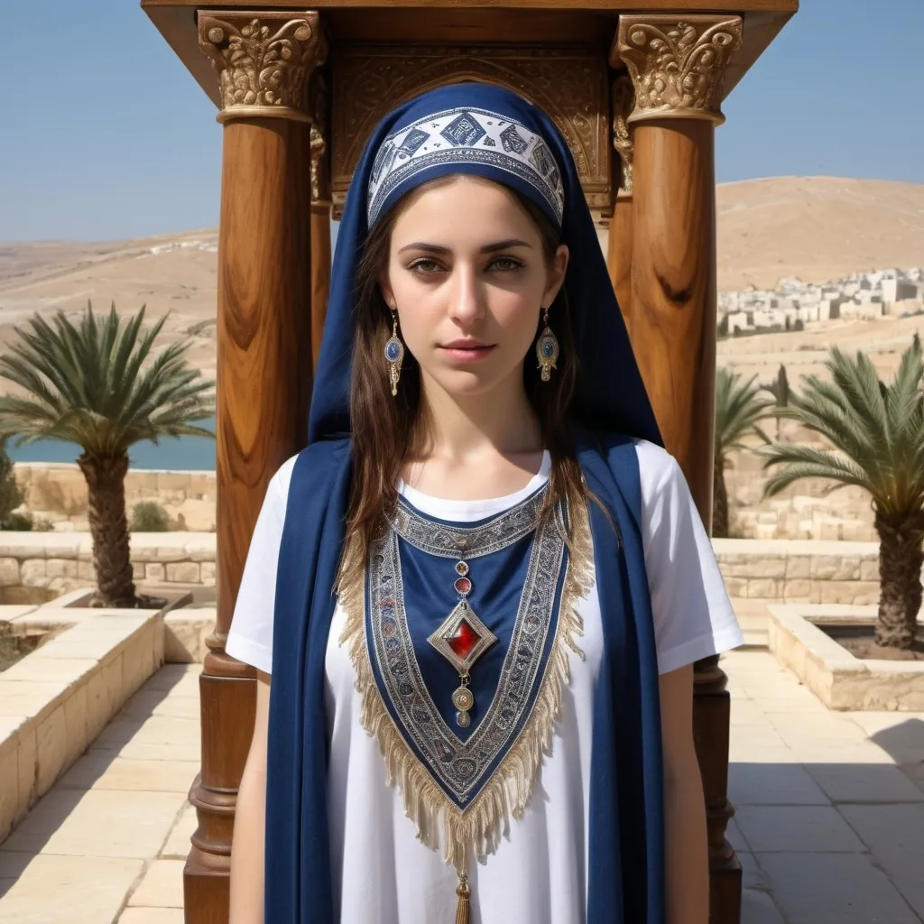 Prompt: hypnotic elaborate embroided dark blue modest fringed dusty spiritual shield fringes white dress with jewish symbols on jewish women, torah ark covering ,meditation, olive skin, elaborate, crystals growing, detailed, incense  embroided,  black jewish stripes and fringes and on women bandana fringes, big columns, brown leather ,  in Jerusalem and dead sea, detailed holy valves,, hebrew jewel crystals, fountain jewish symbols, ancient civilization,  shield jewish art, fringes, flowers, cultic, rituals, a papyrus scroll, dead sea view, mikve, fountain, visual illusions, spring pool, sunny day, illusion, hypnotic, gemstones, sculpture, biblical immersion pool, crystals, female warrior, low sofas, praying jews, pomegranate tree, ,next to the dead sea, landscape view,, in the style of a 19th century european realist painting
