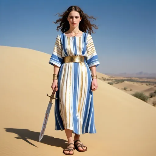 Prompt: jewish biblical women with slung of david and knife in hands, standing on a desert hill, wearing a striped blue, white, gold dress and leather sandals