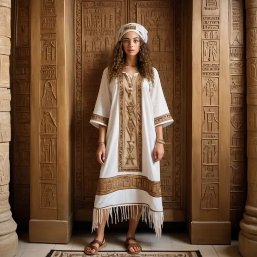 Prompt: mystic elaborate embroided dress with jewish symbols, torah ark covering, olive skin women with headwrap and curly hair. dress has jewish stripes and fringes, brown leather sandals, women is in a ancient temple, wearing biblical leather sandals
