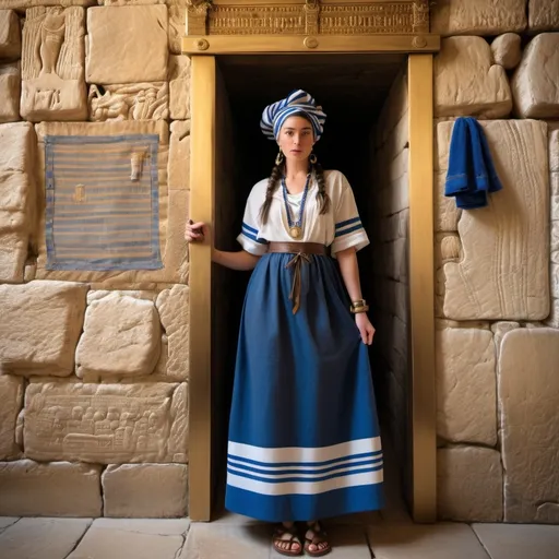 Prompt: elaborate embroided dark modest clothing with jewish symbols, torah ark covering, olive skin women with headwrap and dark hair. clothes blue jewish stripes and fringes, leather sandals with socks, women is in jerusalem western wall holy valves dark wood gold,  ancient civilization
