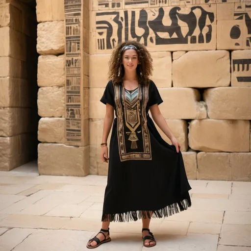 Prompt: elaborate embroided dark black modest dress with jewish symbols, torah ark covering, olive skin women with bandana and curly hair. dress has jewish stripes and fringes, leather sandals, women is in jerusalem western wall
