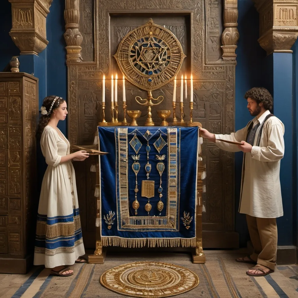 Prompt: elaborate embroided dark blue modest fringed dusty white dress with jewish symbols, torah ark covering, olive skin unhappy jewish couple with headwrap, kippa,  and dark curly hair, jewish sidelocks, clothes with blue jewish stripes and fringes and black leather bands, brown leather sandals, man and woman is in jerusalem detailed holy valves, 5 menorahs on floor, jewel crystals, gold fountain jewish symbols several menorah,  ancient civilization, 5 menorah on the floor jewish art, fringes, holding 7 armed candle menorah in hands, cultic, rituals, holding a papyrus scroll, mikve, fountain, spring pool, gemstones, biblical immersion pool, baptism in pool, more menorah on the floor, in the style of a 19th century european realist painting 
