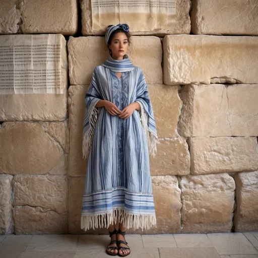 Prompt: elaborate embroided faded blue modest dress with jewish symbols, torah ark covering, olive skin women with headwrap shawl and dark curly hair, dress has jewish stripes and fringes, leather sandals, women is in jerusalem western wall
