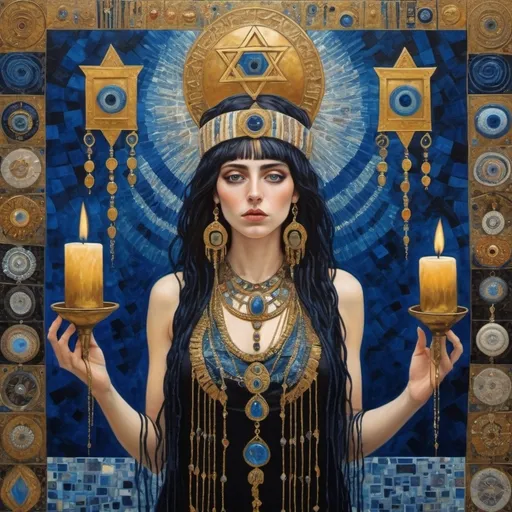 Prompt: elaborate abstract gustav klimt painting embroided dark blue modest fringed spiritual jewelry fringes white with jewish symbols on jewish woman screaming magic fringes bandana, leather sandals, golden foot link, eyes torah ark covering, smoke and steam coming from pottery ,alchemist, , elaborate, eyes, jewish, crystals growing, detailed, incense embroided, black jewish stripes and fringes and on women fringes, big columns, brown leather , in Jerusalem and dead sea, detailed holy valves,, hebrew crystals, fountain jewish symbols, ancient civilization, jewelry, shield and sword, jewish art, fringes, flowers, cultic, rituals, dead sea view, mikve, fountain, visual illusions, spring pool, sunny day, menorah, illusion, smoke, hypnotic, gemstones, sculpture, biblical immersion pool, crystals, female warrior, praying jews, pomegranate tree, mystery, next to the dead sea, landscape view,, in the style of a gustav klimt painting, in the style of gustav klimt
