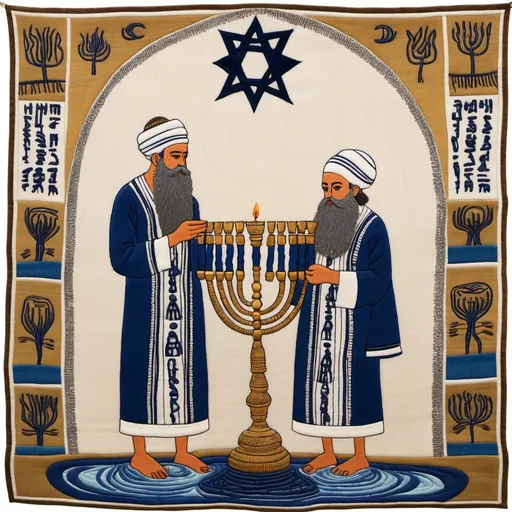 Prompt: elaborate embroided dark blue modest fringed dusty white dress with jewish symbols, torah ark covering, olive skin unhappy jewish couple with headwrap, kippa,  and dark curly hair, jewish sidelocks, clothes with blue jewish stripes and fringes and black leather bands, brown leather sandals, man and woman is in jerusalem detailed holy valves dark wood gold fountain jewish symbols menorah,  ancient civilization, jewish art, fringes, holding 7 armed candle menorah in hands, cultic, rituals, holding a papyrus scroll, mikve, fountain, spring pool, gemstones, biblical immersion pool, baptism in pool, in the style of a 19th century european realist painting 
