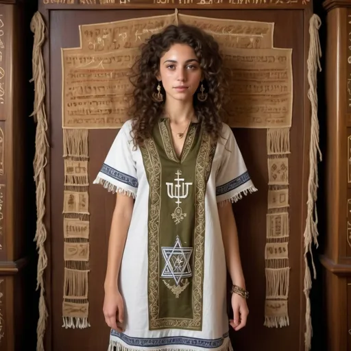 Prompt: elaborate embroided dress with jewish symbols, torah ark covering, olive skin women with bandana and curly hair. dress has jewish stripes and fringes, leather sandals, women is in a synagouge
