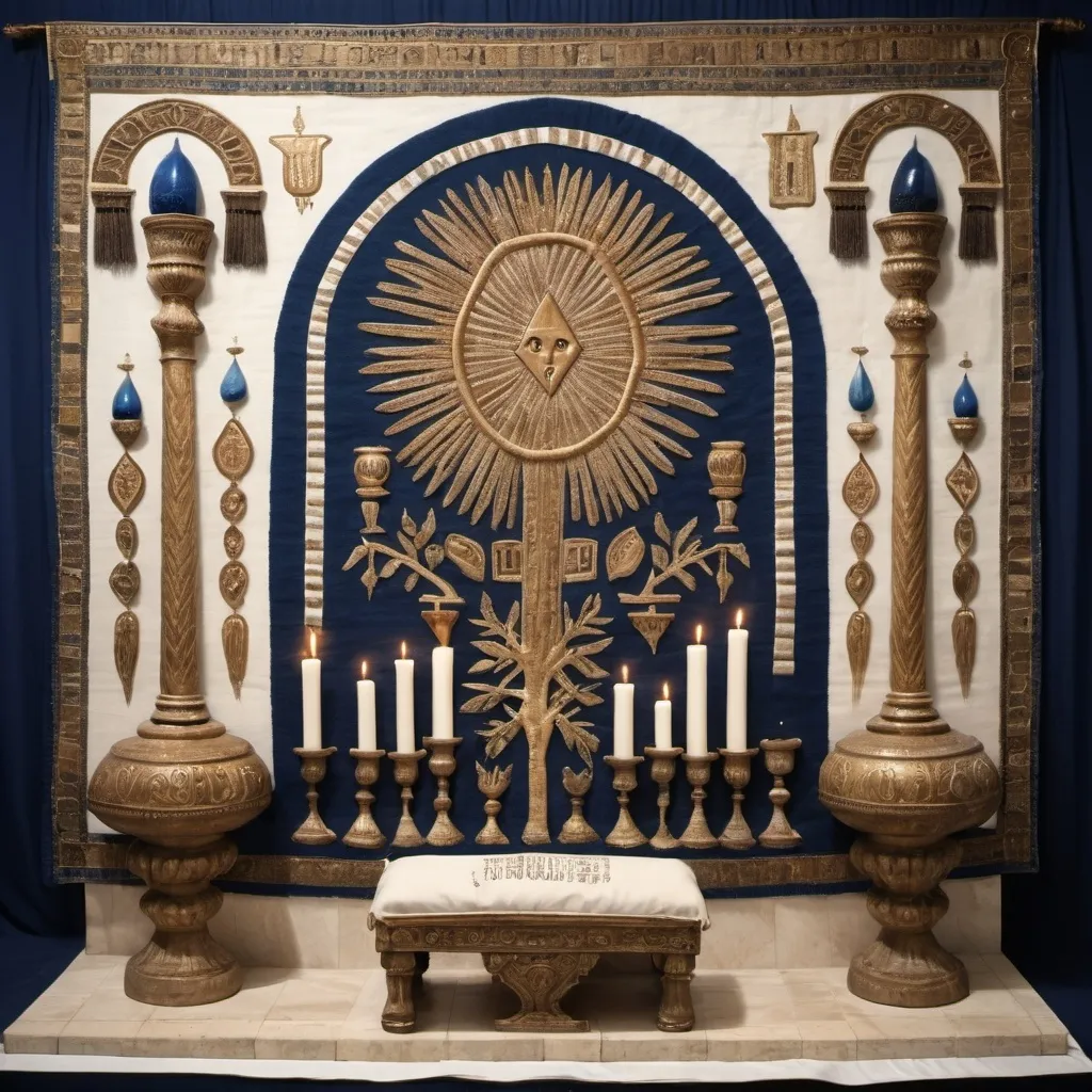 Prompt: elaborate embroided dark blue modest fringed dusty fringes white dress with jewish symbols on jewish women, torah ark covering, olive skin, elaborate, detailed, fruits  embroided,  blue jewish stripes and fringes and  on women, big columns, brown leather ,  in Jerusalem and dead sea, detailed holy valves, copper menorah, hebrew jewel crystals, copper fountain jewish symbols, ancient civilization, 5 menorahs on the floor jewish art, fringes, fig tree, flowers, cultic, rituals, a papyrus scroll, dead sea view, mikve, fountain, spring pool, sunny day, gemstones, biblical immersion pool, female warrior, sofas, praying jews, pomegranate tree, ,next to the dead sea, landscape view,, in the style of a 19th century european realist painting
