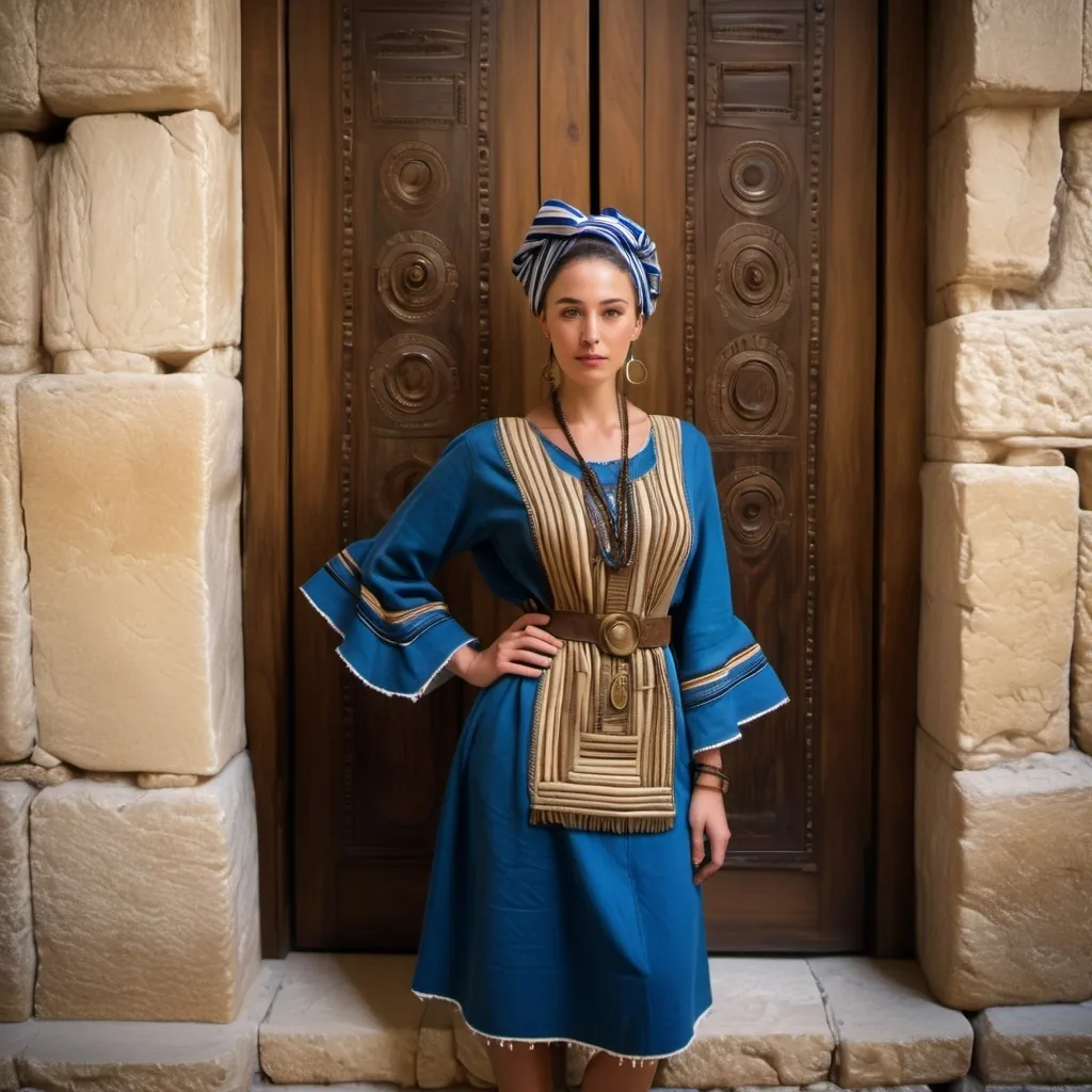 Prompt: elaborate embroided dark modest clothing with jewish symbols, torah ark covering, olive skin women with headwrap and dark hair. clothes blue jewish stripes and fringes, leather sandals with socks, women is in jerusalem western wall holy valves dark wood gold,  ancient civilization
