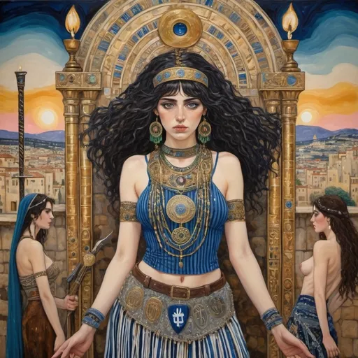 Prompt: elaborate abstract gustav klimt jugend painting, embroided dark blue fringed spiritual modest jewelry fringes white with jewish symbols on brown skinned mizrahi jewish woman knight fighting war in striped blue and white fringed modest jewish armor, magic swords in their hands, warrior women in bandana, leather sandals, menorah star of david swords, golden jewish swords, eyes torah ark covering, fringed striped skirt, smoke and steam coming from pottery ,3 women fighting war, pulling sword from the earth, , black hair, elaborate israeli , eyes, jewish, crystals growing, detailed, standing on in jerusalem hill, pink and green jewish sky, ancient soldiers, incense embroided, black jewish stripes clothing and fringes and on women fringes, big columns, in Jerusalem and dead sea, detailed holy valves,, hebrew 3 women fighting war and 1 on the ground kissing the earth fountain jewish symbols, ancient civilization, jewelry, menorah, jewish art, fringes, flowers, cultic, rituals, dead sea view, mikve, fountain, visual illusions, knives laying down, spring pool, sunset, menorah, illusion, knives on the ground, jewish stars, smoke, hypnotic, beauty, gemstones, sculpture, biblical immersion pool, 3 women fighting war elaborate and 1 on the ground kissing the earth, female warrior, praying jews, war battle, swords in ground, mystery, next to the dead sea, landscape view,, in the style of a gustav klimt surealism painting, in the style of gustav klimt vienna surealist painting
