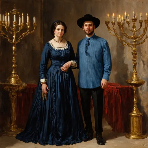 Prompt: elaborate embroided dark blue modest fringed dusty white dress with jewish symbols, torah ark covering, olive skin unhappy jewish couple with headwrap, kippa, and dark curly hair, jewish sidelocks, clothes with blue jewish stripes and fringes and black leather bands, brown leather sandals, man and woman is in jerusalem detailed holy valves, 5 menorahs on floor, jewel crystals, gold fountain jewish symbols several menorah, ancient civilization, 5 menorah on the floor jewish art, fringes, holding 7 armed candle menorah in hands, cultic, rituals, holding a papyrus scroll, mikve, fountain, spring pool, gemstones, biblical immersion pool, baptism in pool, more menorah on the floor, in the style of a 19th century european realist painting
