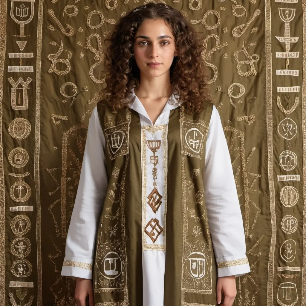 Prompt: elaborate embroided dress with jewish symbols, torah ark covering, olive skin women with bandana and curly hair. dress has jewish stripes, zoomed out, in a synagouge
