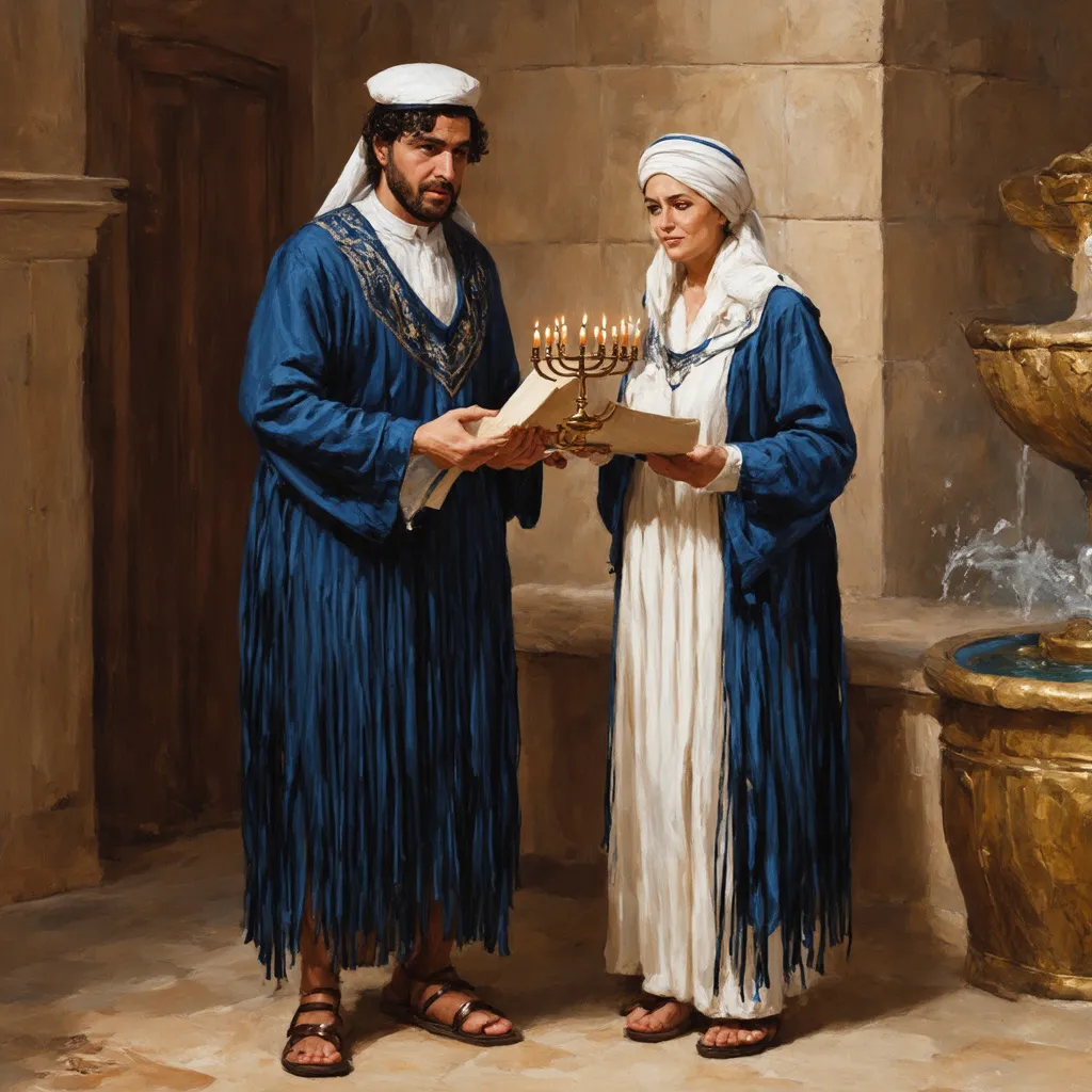 Prompt: elaborate embroided dark blue modest fringed dusty white dress with jewish symbols, torah ark covering, olive skin unhappy jewish women and man with headwrap, kippa, and dark curly hair, jewish sidelocks, clothes with blue jewish stripes and fringes and black leather bands, brown leather sandals, man and woman is in jerusalem detailed holy valves dark wood gold fountain jewish symbols menorah, ancient civilization, jewish art, fringes, holding 7 armed candle menorah in hands, cultic, rituals, holding a papyrus scroll, mikve, fountain, spring pool, gemstones, biblical immersion pool, baptism in pool, in the style of a 19th century european realist painting
