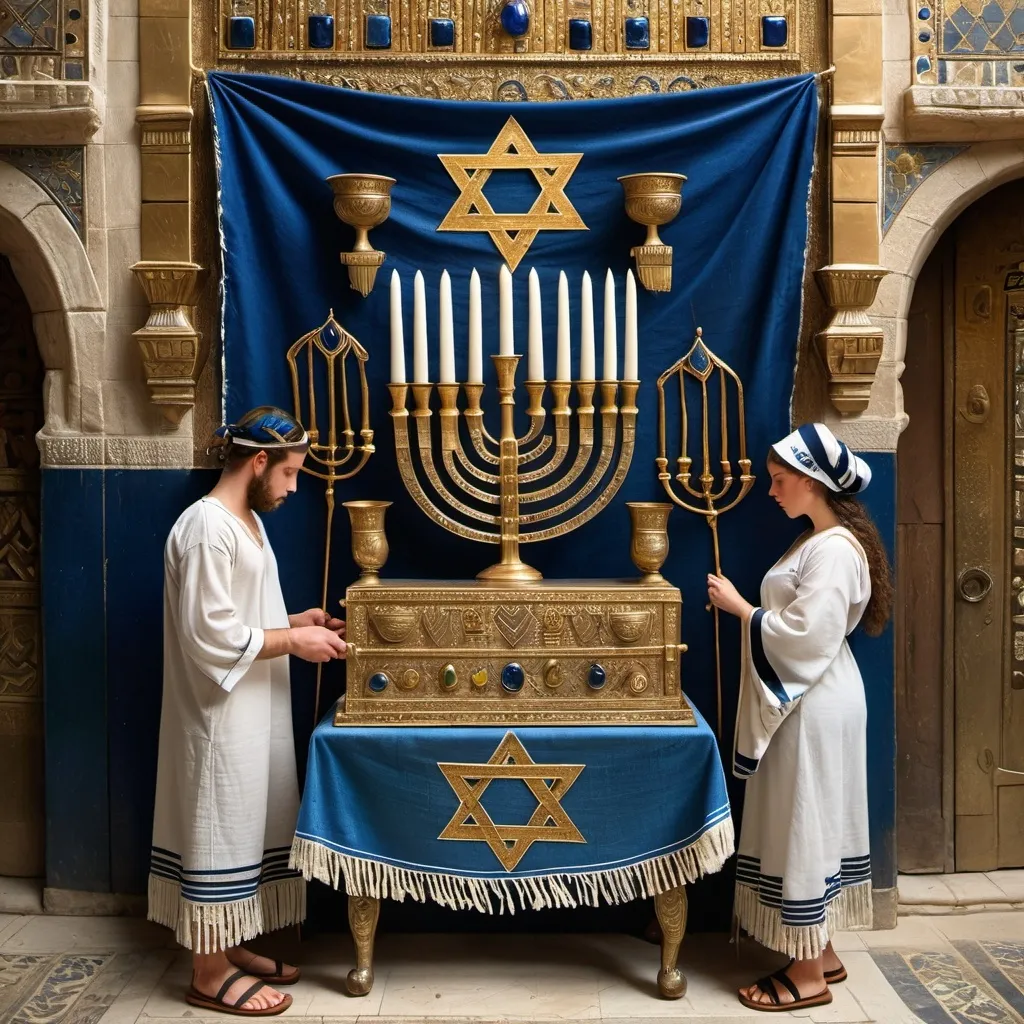 Prompt: elaborate embroided dark blue modest fringed dusty white dress with jewish symbols, torah ark covering, olive skin unhappy jewish couple with headwrap, kippa,  and dark curly hair, jewish sidelocks, clothes with blue jewish stripes and fringes and black leather bands, brown leather sandals, man and woman is in jerusalem detailed holy valves, 5 menorahs on floor, jewel crystals, gold fountain jewish symbols several menorah,  ancient civilization, 5 menorah on the floor jewish art, fringes, holding 7 armed candle menorah in hands, cultic, rituals, holding a papyrus scroll, mikve, fountain, spring pool, gemstones, biblical immersion pool, baptism in pool, more menorah on the floor, in the style of a 19th century european realist painting 
