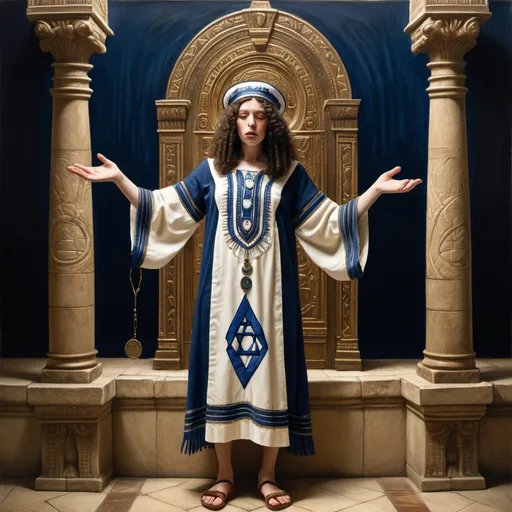 Prompt: elaborate embroided dark blue modest fringed dusty white dress with jewish symbols, torah ark covering, olive skin unhappy jewish couple with headwrap, kippa,  and dark curly hair, jewish sidelocks, clothes with blue jewish stripes and fringes and black leather bands, brown leather sandals, couple is in jerusalem detailed holy valves dark wood gold fountain jewish symbols menorah,  ancient civilization, jewish art, fringes, holding menorah in hands, cultic, rituals, holding a papyrus scroll, mikve, fountain, spring pool, biblical immersion pool, in the style of a 19th century european realist painting
