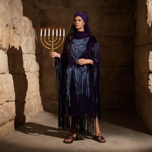 Prompt: elaborate embroided dark purple modest fringed priestess with jewish symbols, torah ark covering, olive skin women with headwrap and dark hair, clothes with blue jewish stripes and fringes, leather sandals, women is in jerusalem western wall holy valves dark wood gold, ancient civilization, art, fringes, holding menorah in hands
 detailed 19th century European realist painting