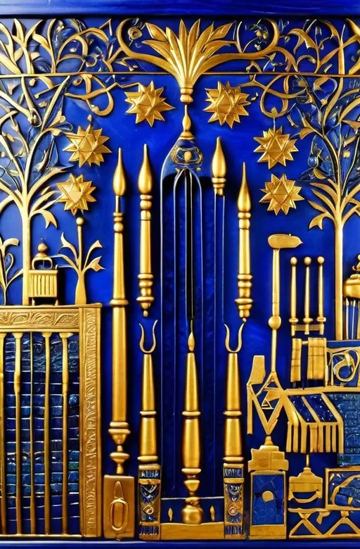 Prompt: elaborate dark blue modest symbols, torah ark covering, is in Tiberias, detailed art jewish symbols menorah arch gate, ancient civilization, jewish art, fringes, cultic, rituals, temple, gemstones, biblical cermony, pool on a hilltop, in the style of a 19th century european realist painting
